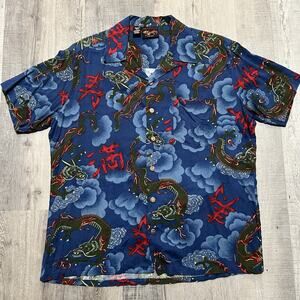 VTG Red Dragon By Kennington Hawaiian Shirt Blue Woody Wagon Surf Loop Collar L
